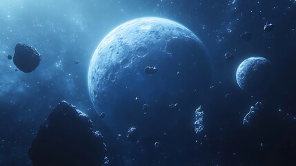A planet in space with several moons a blue, Space planet galaxy