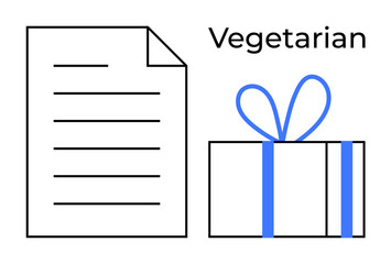Menu with list lines next to a gift box wrapped with a blue ribbon bow. Ideal for event planning, dietary guidelines, holidays, corporate gifts, celebrations, special diets, and food services. Line