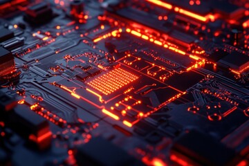 Hi-tech semiconductor manufacturing precision laser engraving machine glowing red and orange lights close-up shot