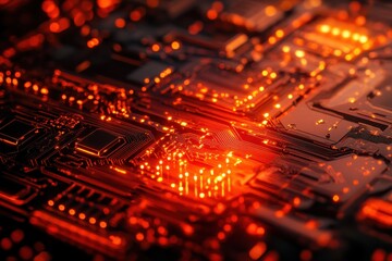 Obraz premium Hi-tech semiconductor manufacturing precision laser engraving machine glowing red and orange lights close-up shot