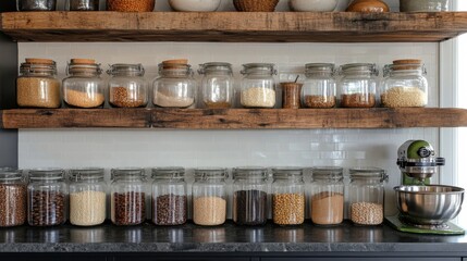 Kitchen shelves displaying glass jars filled with bulk grains and legumes