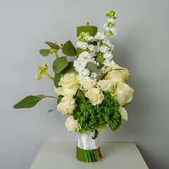 Elegant White and Green Wedding Bouquet with Candle
