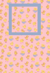 Illustration of yellow baby chicks on a pink background. Retro Easter spring illustration for cards, congratulations, fabric. Seamless wallpaper pattern