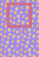 Easter seamless seasonal spring pattern. Yellow cute birds chicks on violet background	