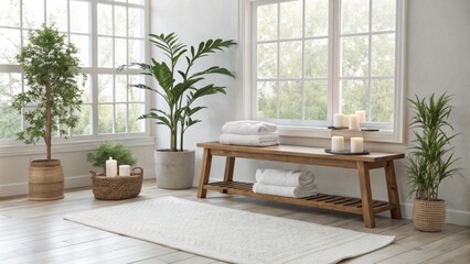 Fototapeta premium Serene Spa-Inspired Room Wooden Bench, White Towels, Plants, Candles, White Rug