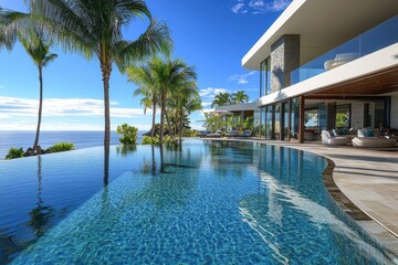 Fototapeta premium Luxurious modern villa swimming pool with curved edges palm trees white exterior