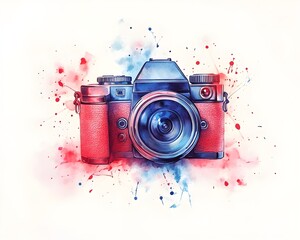 camera with background watercolor-style music notes, a vintage film camera, and modern tech devices, on a plain white background.