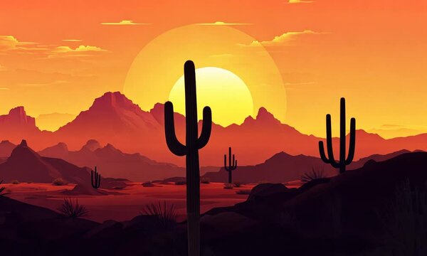 Vibrant desert landscape with a setting sun.