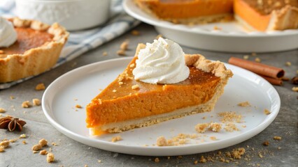 Pumpkin Pie Slice with Whipped Cream Autumnal Dessert Composition