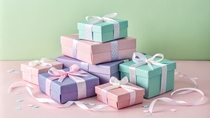 Pastel Gift Boxes Stacked Present Composition with Bows and Confetti