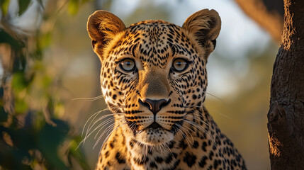 Fototapeta premium Close-up of a leopard resting on a tree branch in the wild