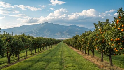 Naklejka premium Orange Grove Vista Mountains, Clouds, and Citrus Trees