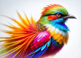 Obraz premium A Vibrant Stylized Bird Showcasing Colorful Plumage and Quirky Charm Against a Simple White Background, Perfectly Captured with Long Exposure Techniques for Artistic Appeal