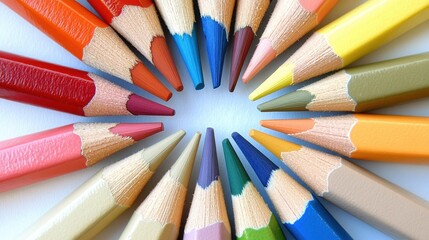 Fototapeta premium A top-down view of a variety of colored pencils arranged in a creative pattern on a clean white surface with space for text.