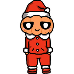 Cartoon pumpkin head character cosplay as santa claus.