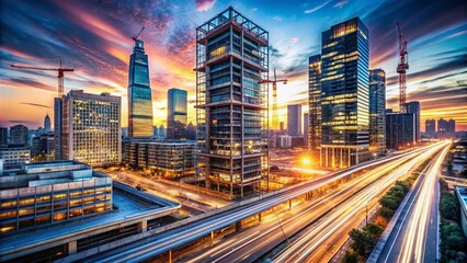 Fototapeta premium A Vibrant Urban Landscape with Detailed Blueprints of a Towering Building, Showcasing Innovative Architecture and Engineering Amidst a Bustling City Setting