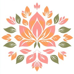 Obraz premium A decorative floral design featuring pink and orange petals and green leaves.