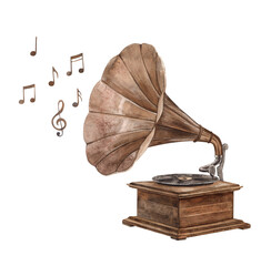 Vintage musical instrument gramophone with vinyl record player and different notes. Hand drawn watercolor illustration, suitable for Valentine's Day, wedding, anniversary, musical instrument shops