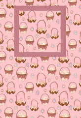 Basket with multi-colored painted eggs on a pink background. Delicate spring seamless provence pattern. Easter holiday. Hand drawn watercolor pastel colors illustration wallpaper.