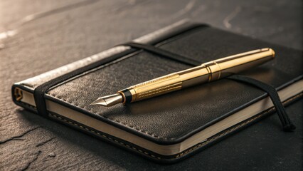 Gold Fountain Pen and Leather Journal Still Life Composition