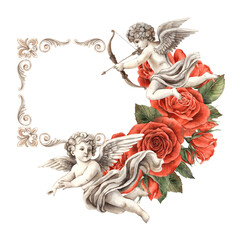 Bouquet of red roses, flying cupids-angels among them and Venetian openwork frame. Watercolor illustration frame for design of cards, invitations, banners for weddings, Valentine's Day, birthdays