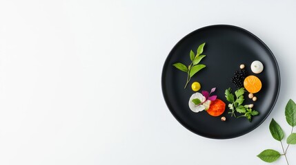 Fresh and Colorful Ingredients Arranged Elegantly on Black Plate with Green Leaves for Culinary Presentation and Healthy Eating Concept