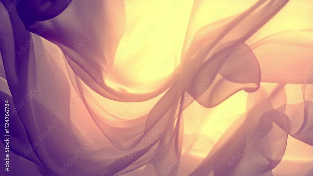 Poster Animation of orange translucent fabric floating in the air, curving in smooth lines. Light shimmers and soft shadows create a minimalist and elegant style