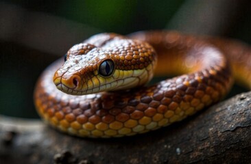 Obraz premium Close-up of a brown and yellow snake coiled on a branch with vivid scales and focused eyes