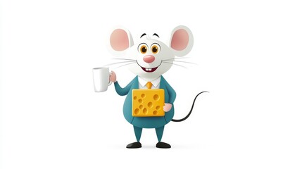 Fototapeta premium Cartoon Mouse Character Holding Cheese and Coffee in Business Suit, Smiling in a White Background, Perfect for Fun Illustrations and Marketing Themes