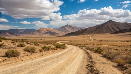 Desert Road Winding Through Mountains under a Blue Sky with Puffy Clouds