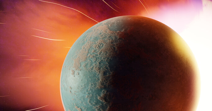 A rugged blue-green alien planet orbits a distant star illuminated by a fiery solar flare Cosmic energies streak acros