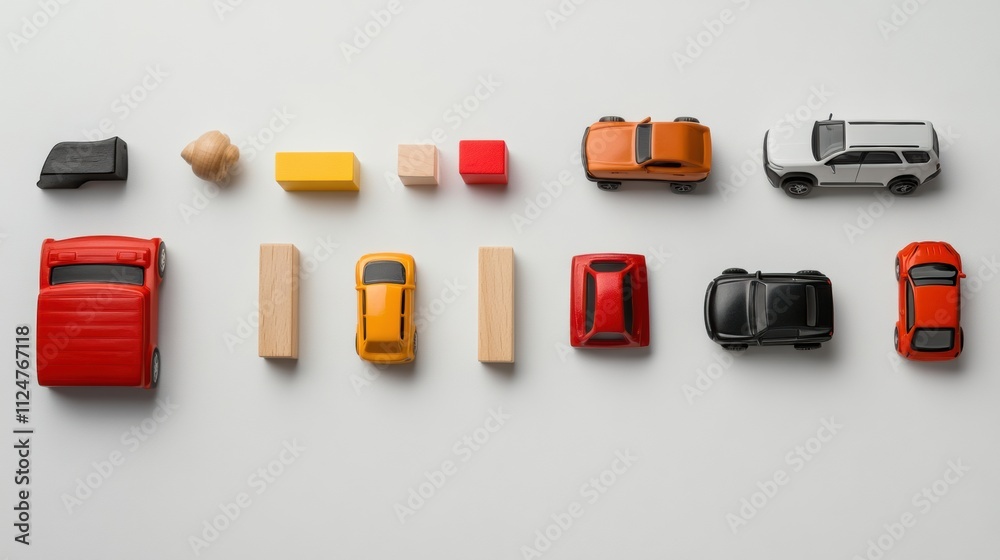 Poster bright assortment of toy cars, blocks, and dolls arranged on a white surface, providing ample space 