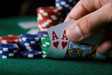 Hand holding a pair of aces in poker game.