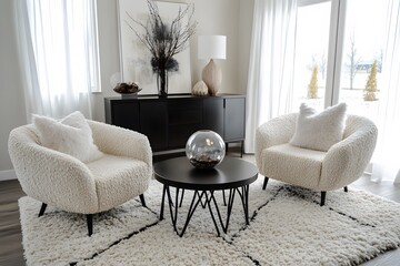 Minimalist home interior design of modern living room. Luxurious room with soft round armchairs, shaggy rug, neutral tones, and large windows in a serene, modern space.


