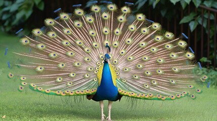 A vibrant peacock displaying its iridescent tail feathers in full fan, standing on a grassy field.