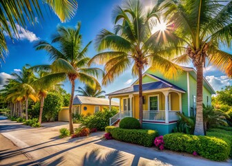 Fototapeta premium Grace Bay Turks & Caicos: Sunny Caribbean Beach House, Palm Trees, Serene Street - Idyllic Island Escape