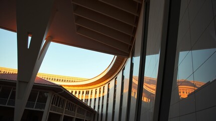 Obraz premium Curved Glass Reflections: Architectural marvel showcasing a modern building's design, featuring a curved glass facade reflecting the surrounding structures and a clear sky.