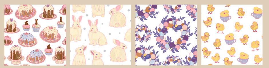 Easter cakes, white rabbits, wreaths and yellow chickens. Set of four white seamless festival spring patterns