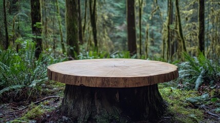 A wooden stump in the midst of a green forest, offering a natural desk-like surface for outdoor inspiration.