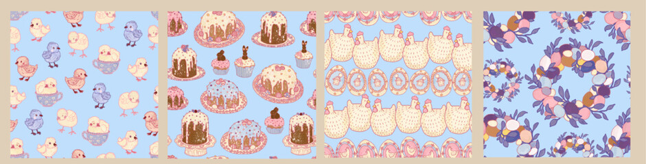 Cute provence pink seamless pattern. Chickens, hens, Easter cakes. Set of four pastel blue spring wallpapers