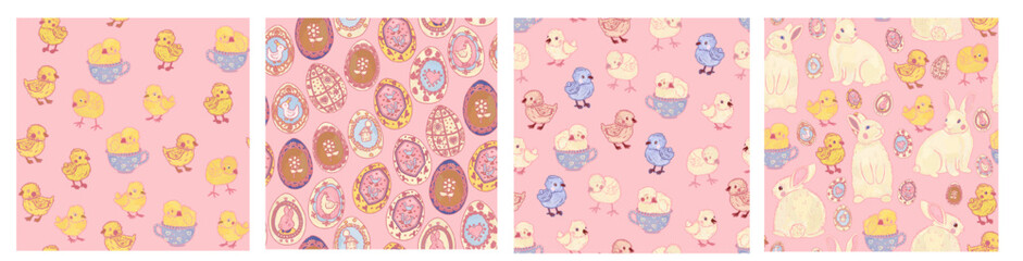 Easter cute provence seamless pattern. Rabbits, chickens, eggs. Set of four pink spring wallpapers