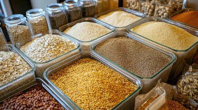 A zero-waste store display featuring bulk bins and glass containers for grains