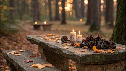 Autumnal Forest Scene Stone Table, Candles, Pinecones, Leaves