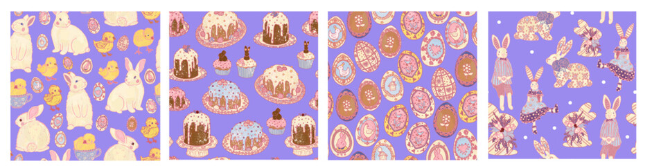 Rabbits, Easter cakes, chickens, eggs. Set of four Provence seamless purple patterns. Hand drawn spring festival illustration for wallpaper
