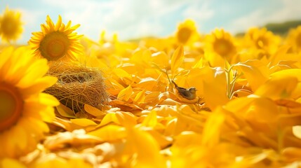 A vibrant scene of a bird nest in a sunflower field, surrounded by bright yellow petals.