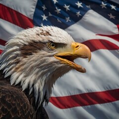 Naklejka premium A bald eagle with an American flag waving in the background.
