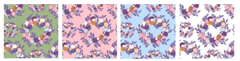 Festival foliage wreath symbol of spring. Set of four Provence seamless patterns in pastel colors. Hand drawn illustration for fabric, textile, festival cards