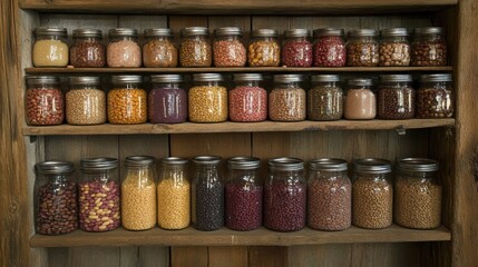 Organized jars of dried beans and legumes on a rustic kitchen shelf