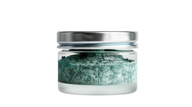 Glass jar containing vibrant green powder is showcased against a plain white background highlighting a natural cosmetic ingredient on transparent background - Powered by Adobe