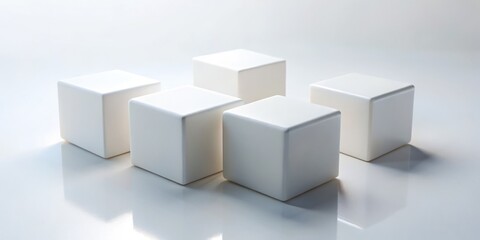 Fototapeta premium Low Light 3D Render: Four White Cubes, Minimalist White Background, Abstract Still Life Photography